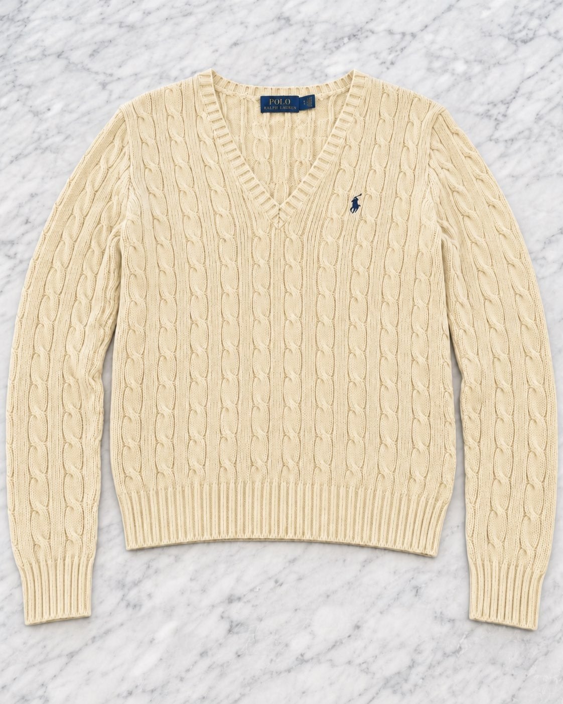 Polo Ralph Lauren kabeltrui – crème – V-hals, Maat 38/40 (M), Polo ralph lauren, Beige, Ophalen of Verzenden