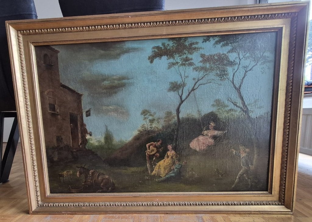 Antiek schilderij op op gedoubleerd doek, Peinture à l'huile, Panneau, Enlèvement, Animaux