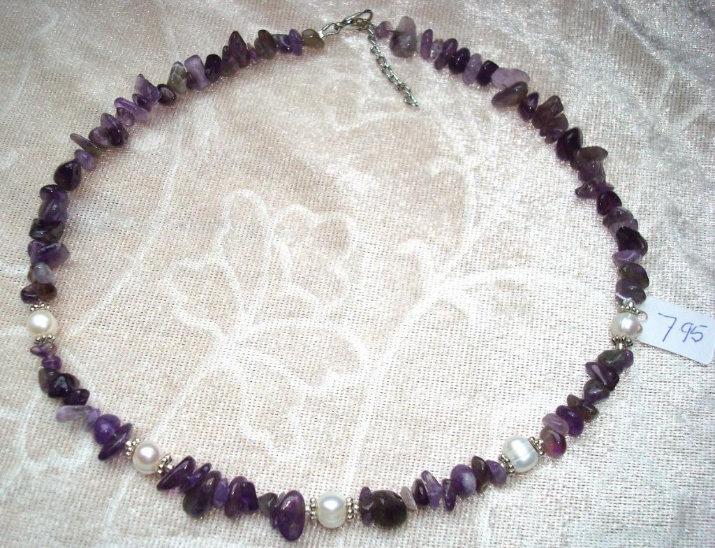 Ketting van amethist en echte parels, Handtassen en Accessoires, Kettingen, Nieuw, Steen of Mineraal, Paars, Met edelsteen, Verstelbaar