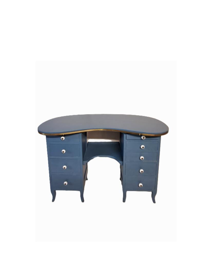 Coiffeuse Vintage Forme Rognon En Bleu Avec Des Tiroirs, Moins de 100 cm, Comme neuf, 100 à 150 cm, Enlèvement