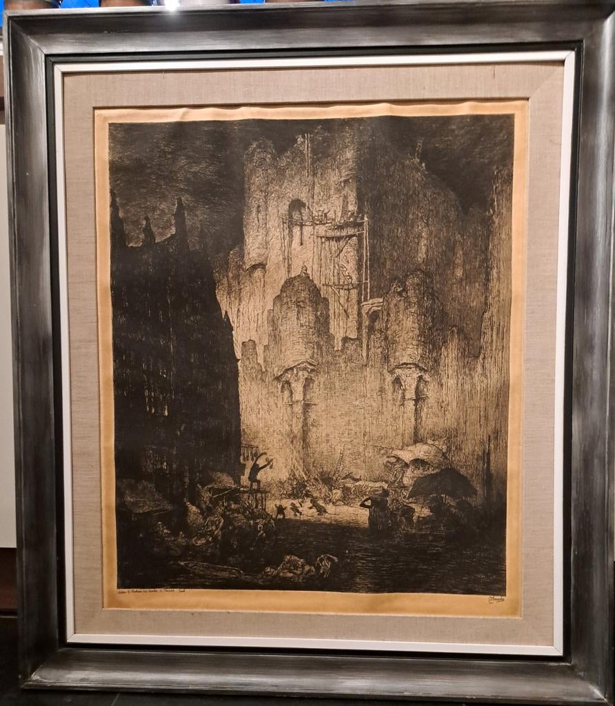 DE BRUYCKER Jules "Rondom het Gravensteen Gent" ets, Antiek en Kunst, Ophalen