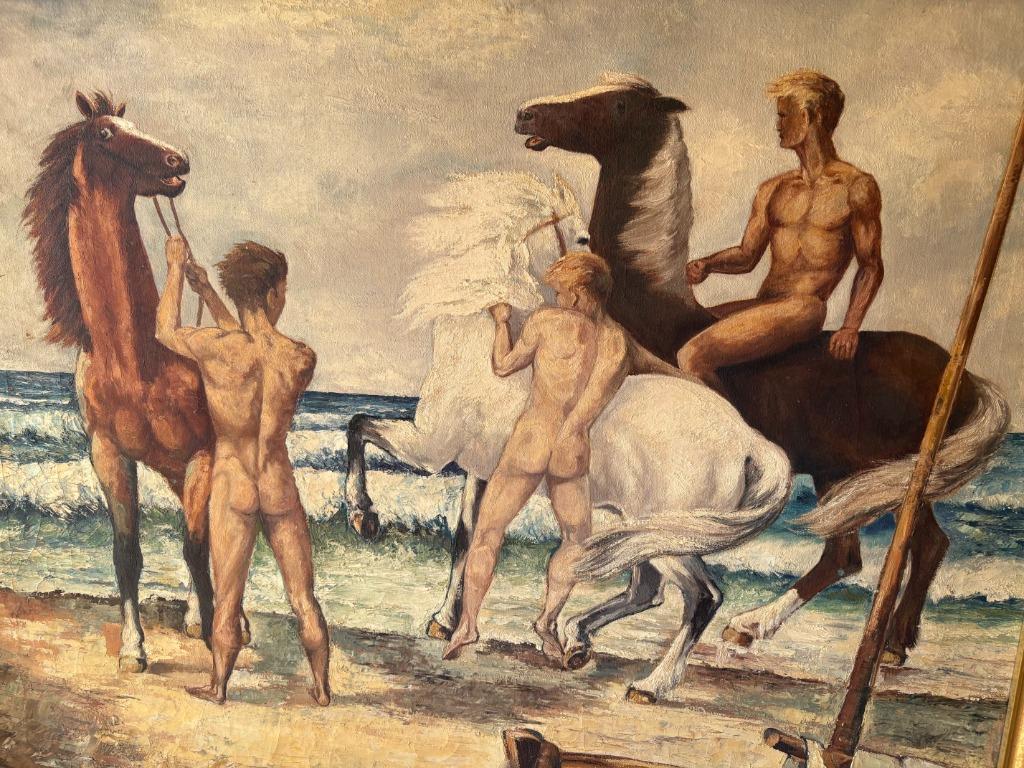 Schilderij 3 naakte mannen aan zee op paard, Enlèvement