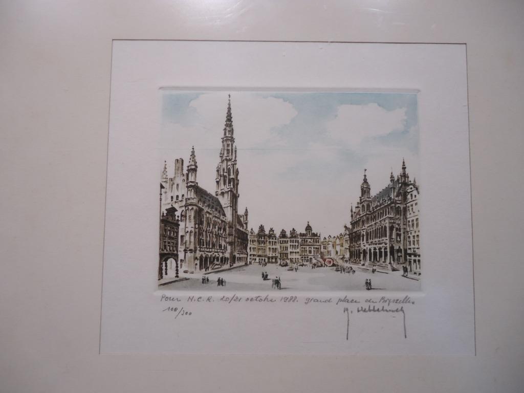 R. HEBBELINCK grote markt Brussel BXL ets color etching, Antiquités & Art, Art | Eaux-fortes & Gravures, Enlèvement ou Envoi