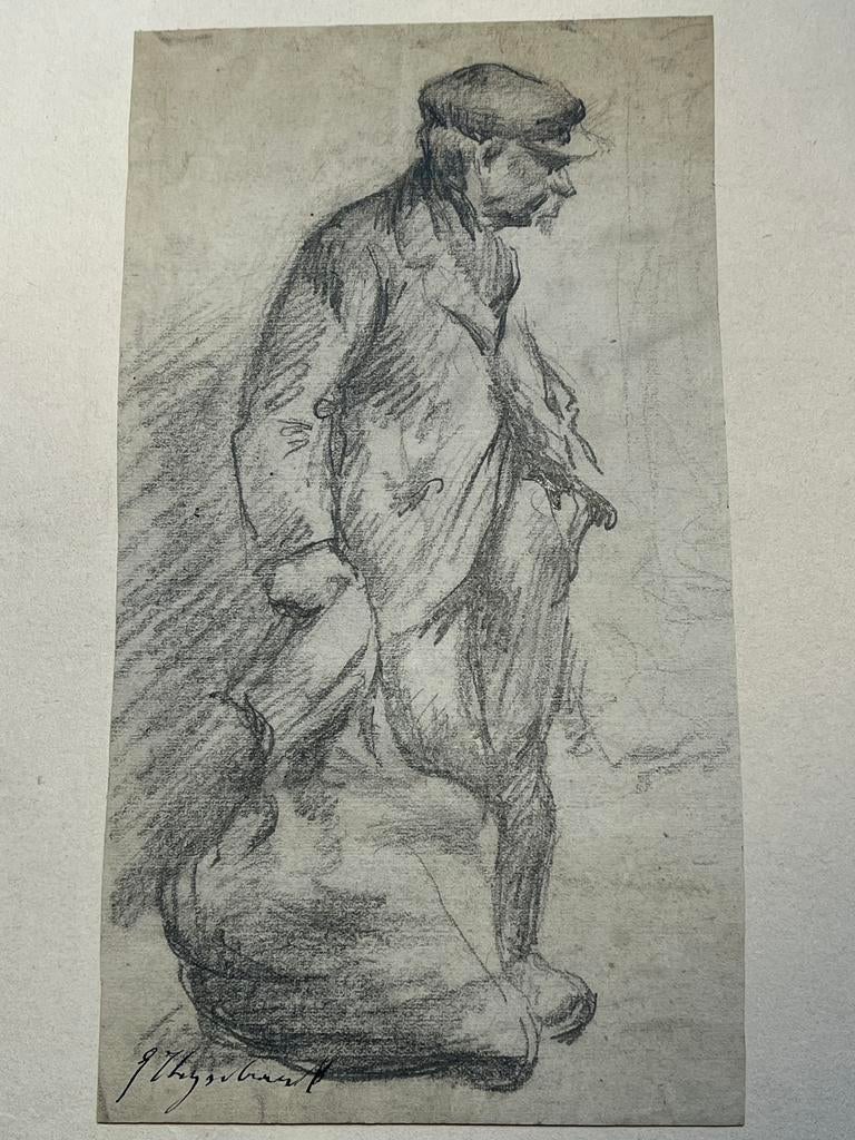 Emile Thysebaert houtskool potlood tekening, wachtende boer, Antiek en Kunst, Ophalen of Verzenden