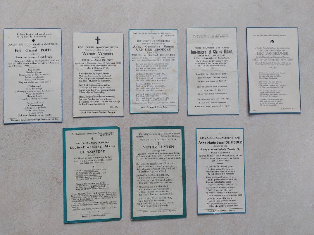 lot van 8  oude doodsprentjes kindjes (O.Vl) - blauwe rand, Collections, Envoi