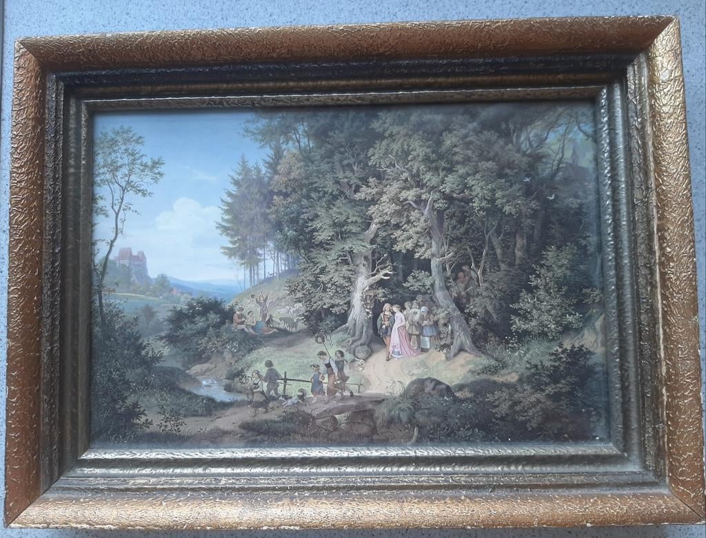 Antieke Vintage prent landschap met figuren en kasteel, Antiek en Kunst, Ophalen of Verzenden