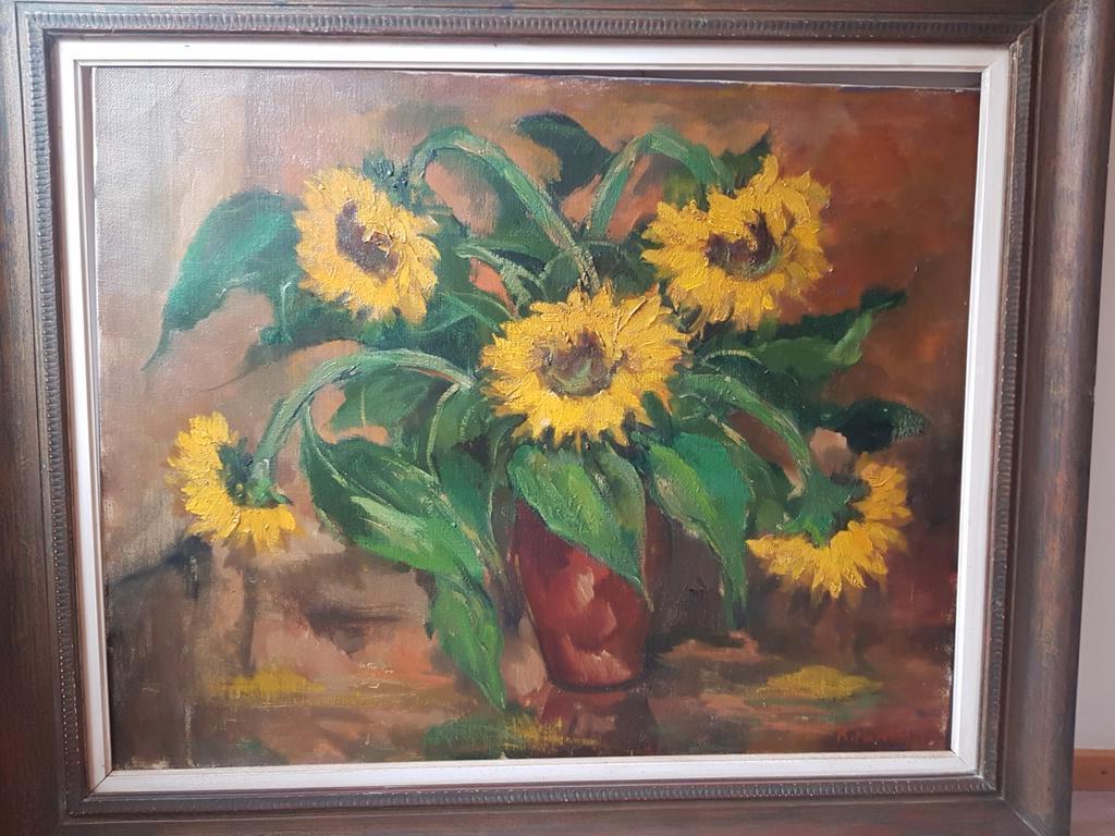 Schilderij XL zonnebloemen gesigneerd René Morren, Ophalen