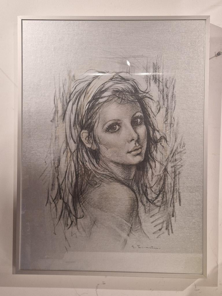 Vintage Giuseppe Tarantino 1916-1999 vrouw hoofd , in kader, Antiek en Kunst, Ophalen
