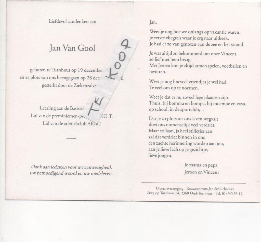 overleden kind jan van gool, Verzamelen, Bidprentjes en Rouwkaarten, Verzenden, Bidprentje