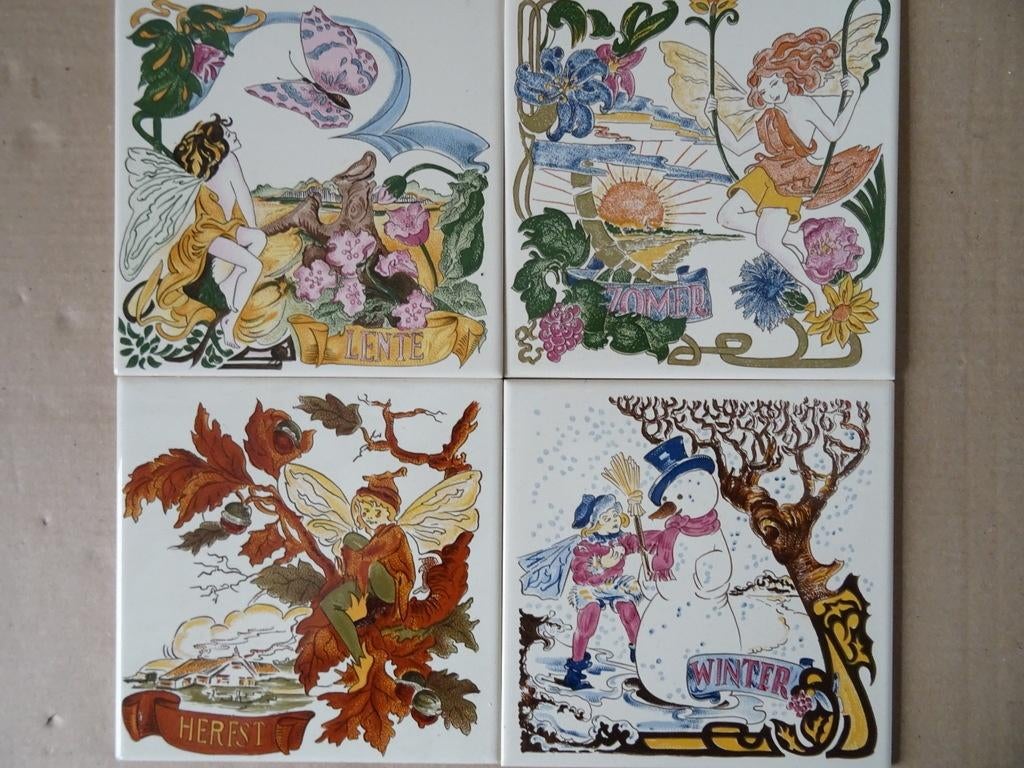 Vintage Sphinx tegels tegeltableau Lente zomer herfst winter, Antiek en Kunst, Ophalen of Verzenden