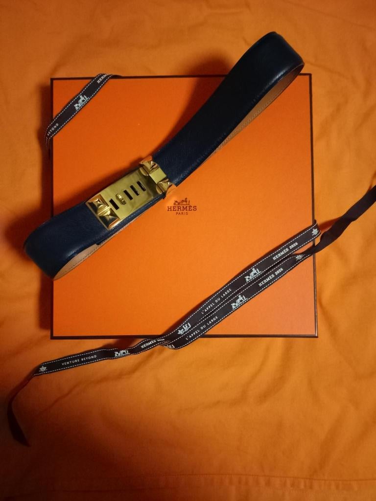 HERMèS ceinture vintage bleue 'collier de chien' & boîte or., Cuir véritable, Hermes, Enlèvement, Porté