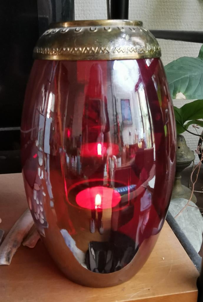 Grote rode theelichthouder in glas en metaal., Enlèvement ou Envoi, Comme neuf, Autres matériaux, Chandelier