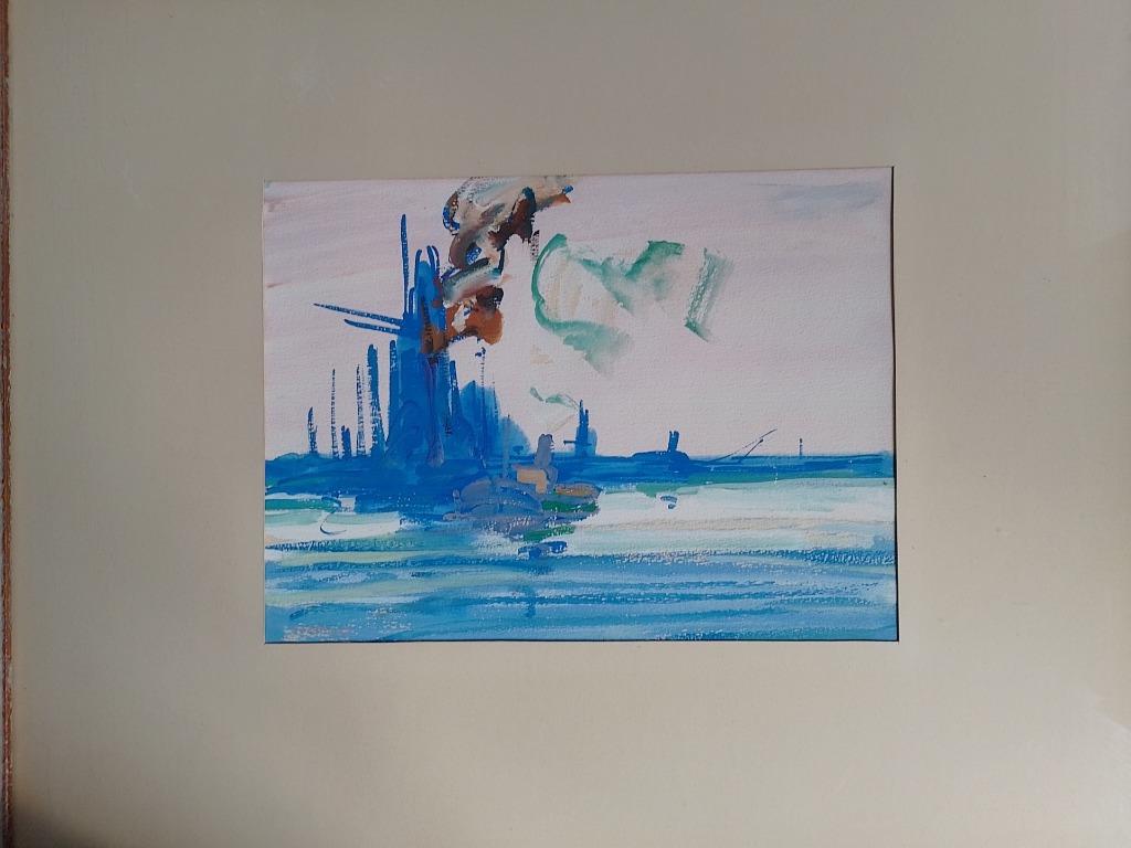 Jos Mous  1896 - 1968  Haven Antwerpen  Aquarel Blauw, Antiek en Kunst, Verzenden
