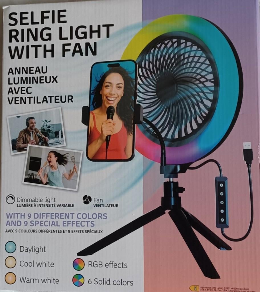 Anneau lumineux pour selfie avec ventilateur, Envoi, Neuf, Lampe ou Kit de flash