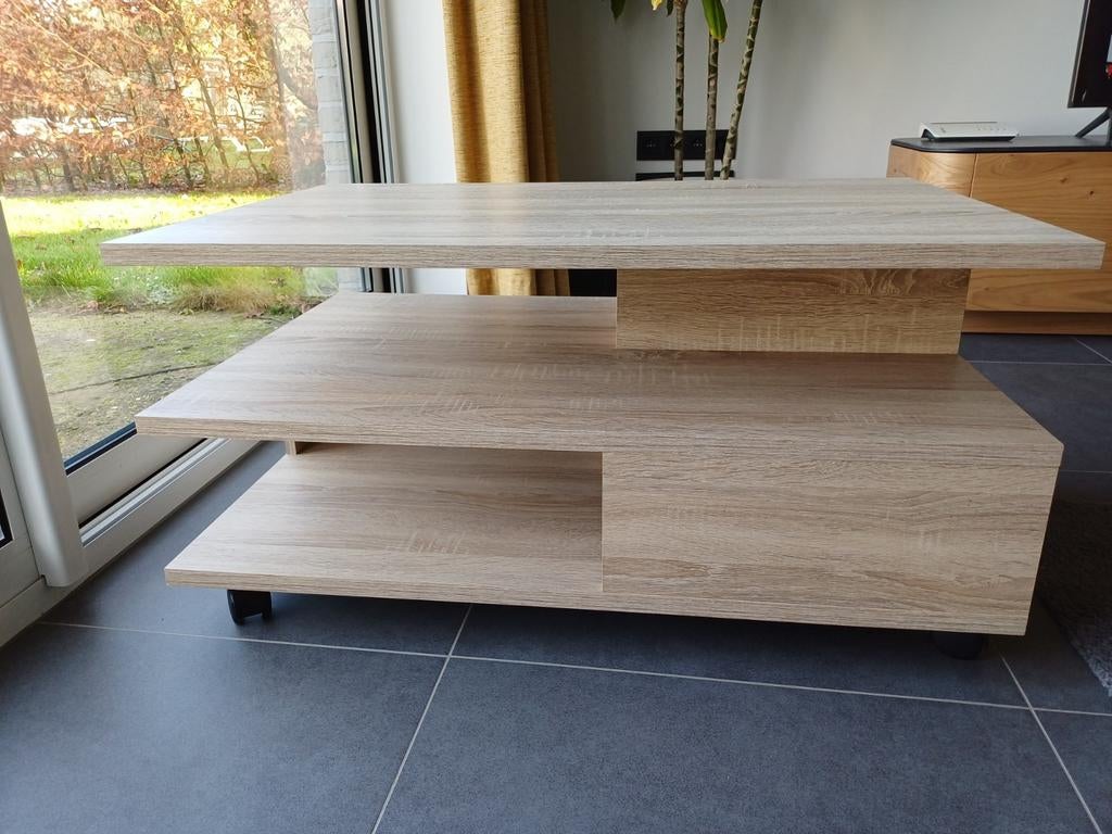 Table basse design en bois sur roulettes avec 2 tiroirs, Enlèvement