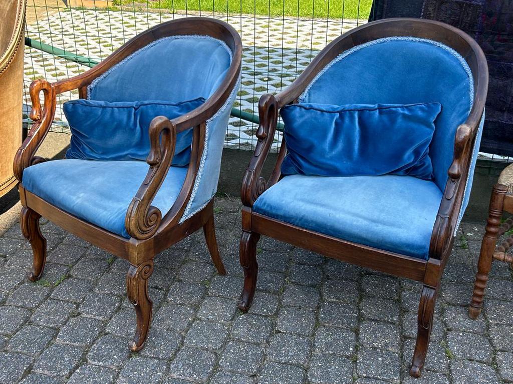 Twee Franse Charles Dix mahoniehouten gondel fauteuils, Ophalen