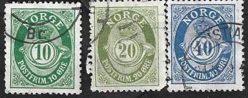 3 Postzegels Noorwegen 1921 Posthoorn 'NORGE' in Antiqua, Postzegels en Munten, Postzegels | Europa | Scandinavië, Ophalen of Verzenden