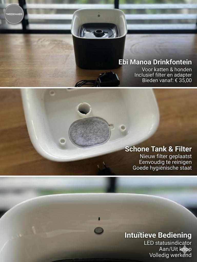Slimme Ebi Manoa Drinkfontein (3L) –  Sensor & Filter, Ophalen of Verzenden, Zo goed als nieuw