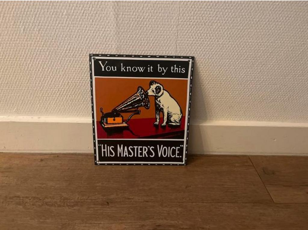 Emaille reclame bordje “ his masters voice”, Antiquités & Art, Antiquités | Email, Enlèvement ou Envoi
