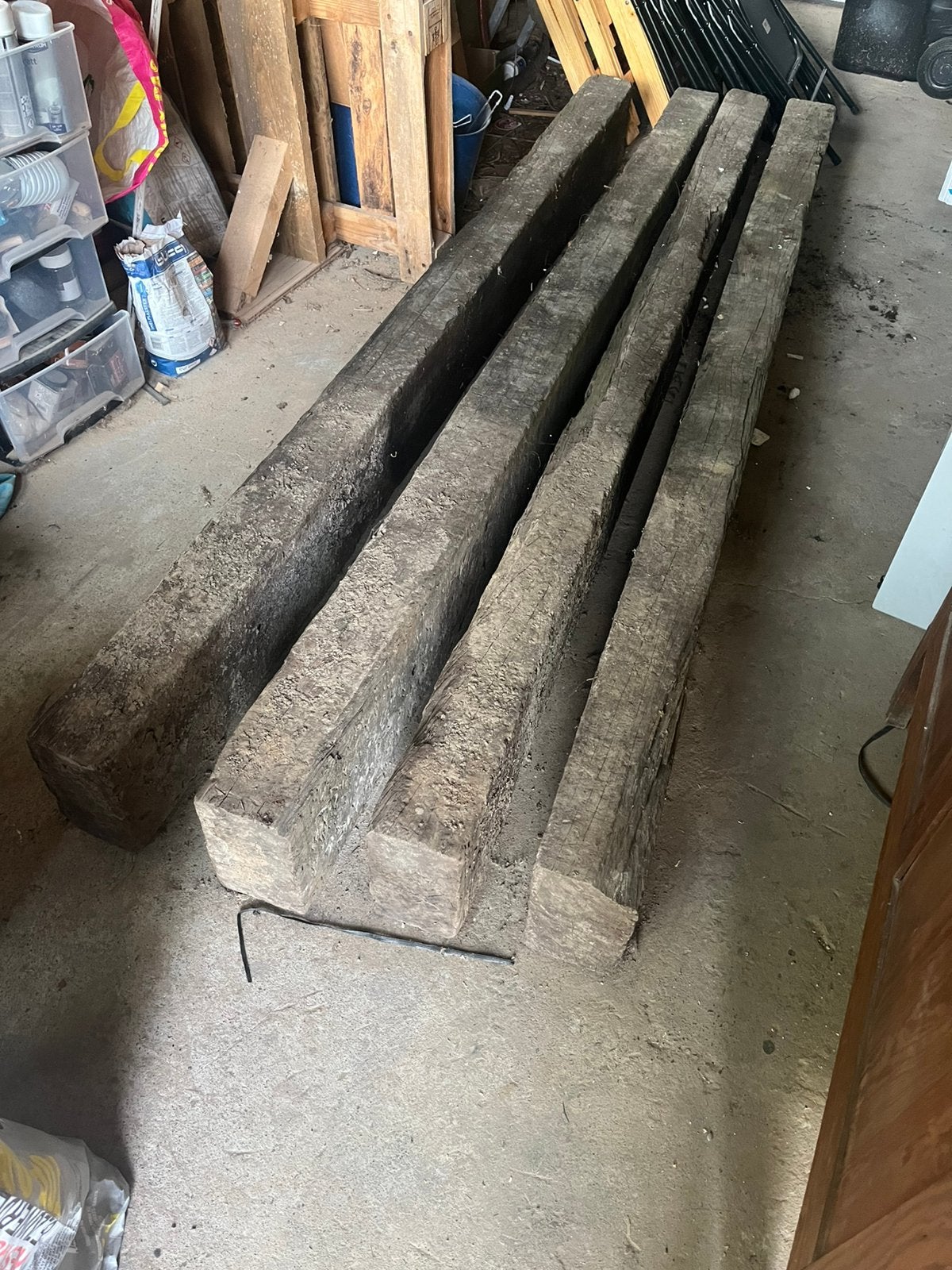 4 anciennes billes/traverses de chemin de fer SNCB bois, Bois dur, Enlèvement, Utilisé, 250 cm ou plus