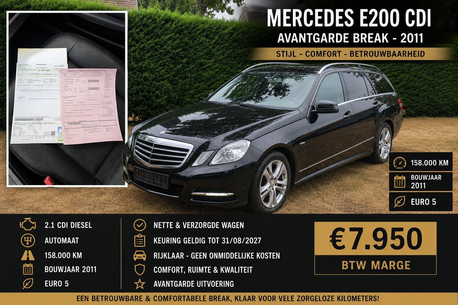 Mercedes E200 testée et garantie, Euro 5, Noir, 5 portes, Particulier