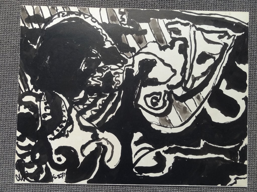 œuvre sur papier, encre, 50 x 65 cm, Dotremont ?, Envoi