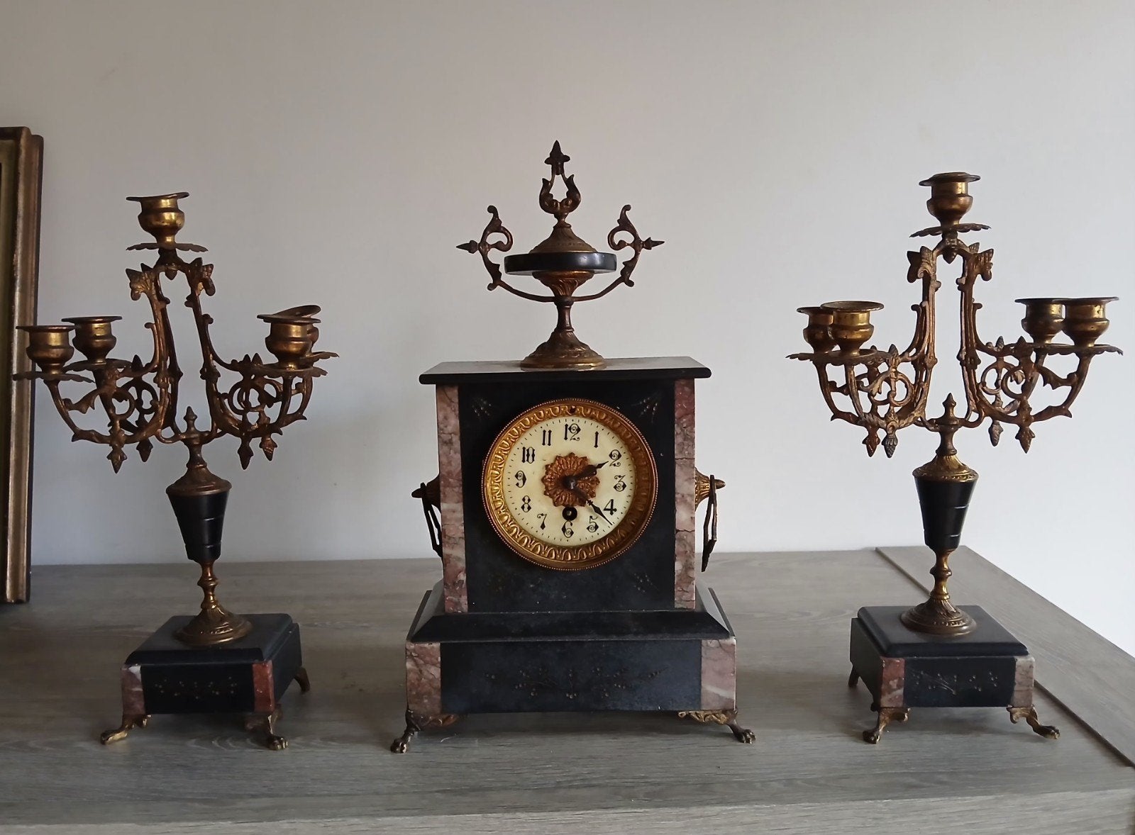 Antique French Napoleon III Black Marble Clock Setc1870.1900, Ophalen of Verzenden