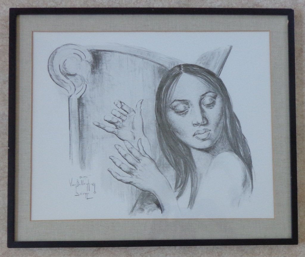 AIME VAN BELLEGHEM / HARPISTE / ZW-W OFFSET / 52x62cm KADER, Ophalen of Verzenden