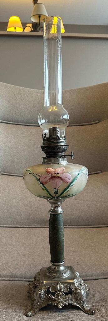 Lampe pétrole Art Nouveau marbre vert/verre peint main ~1900, Antiquités & Art, Envoi