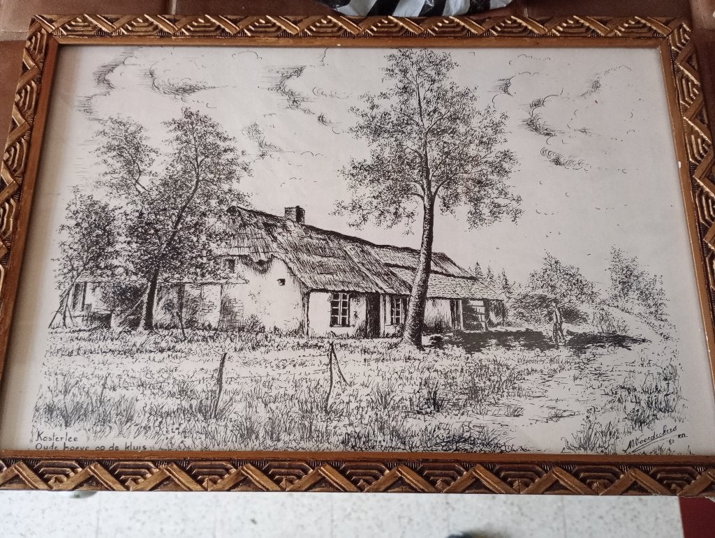 mooie pentekening van hoeve in Kasterlee, Ophalen, Overige stijlen, Gesigneerd, Tekening
