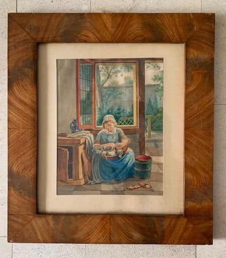 Aquarelle ancienne - Femme de ménage - Dirk Schouten 1867, Enlèvement ou Envoi