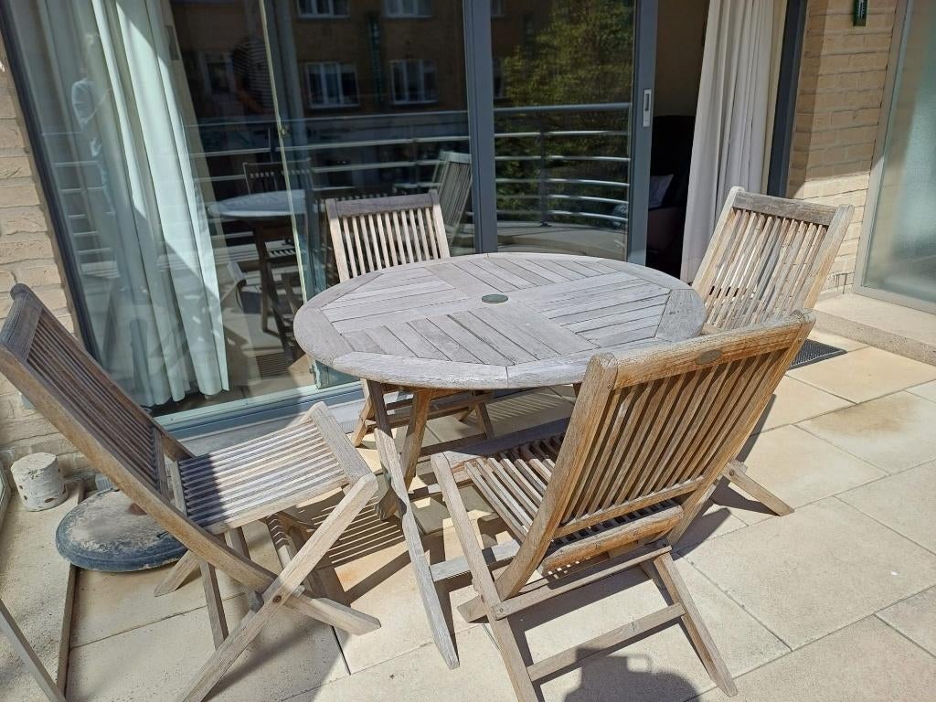 Houten tuintafel met 4 stoelen, Tuin en Terras, Ophalen, Gebruikt, Rond, Hout