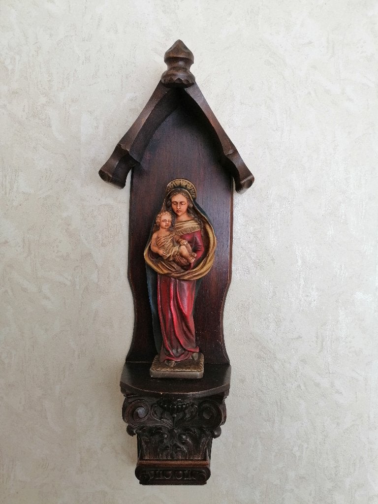 Houten wandconsole met art-deco Mariabeeld, Antiek en Kunst, Ophalen