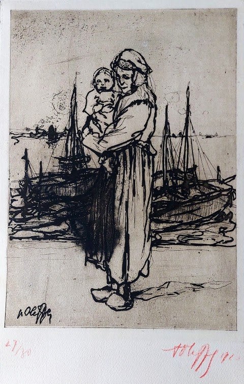 Oleffe August - Ets - Getekend/kader/Nummer, Antiek en Kunst, 44 cm, Dagelijks leven, Ets, Ophalen of Verzenden