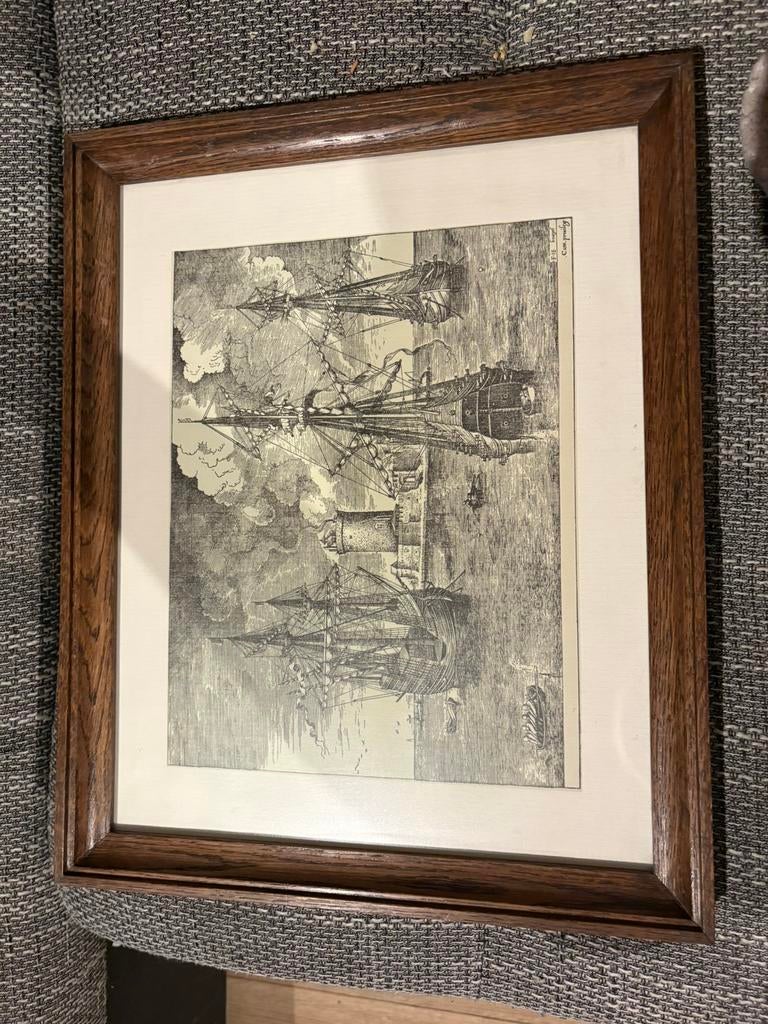Antieke scheepsgravure in houten kader, Ophalen