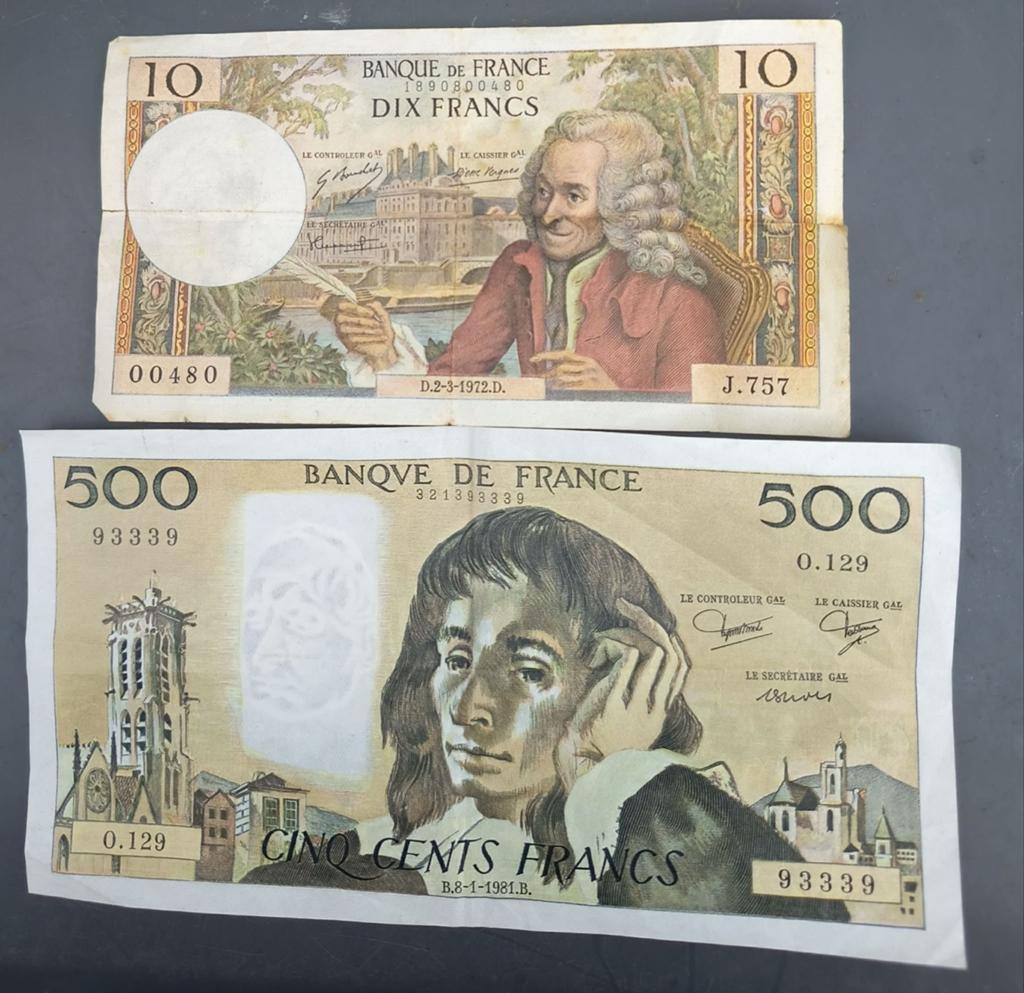 Billet 500 francs et 10 francs 70 euros, Enlèvement