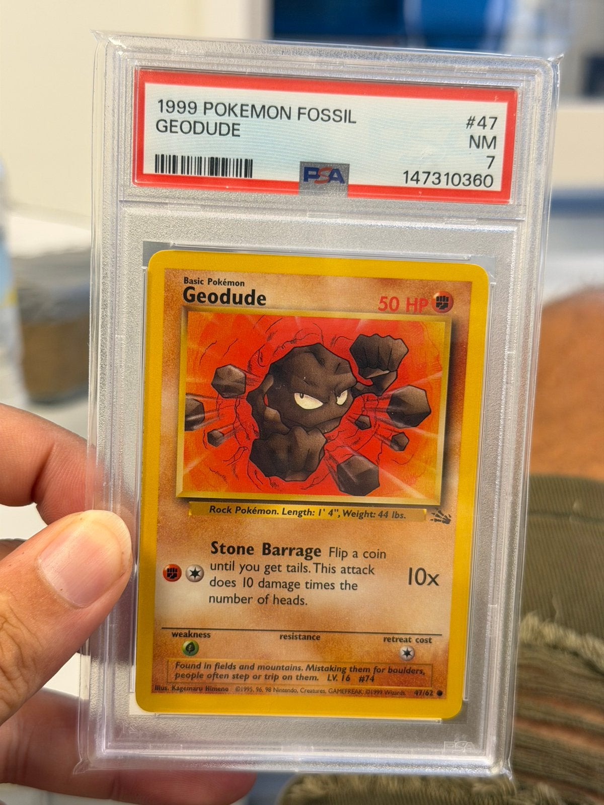 Pokémon Geodude 47/62 Fossil 1999 Vintage PSA 7 NM graded, Ophalen of Verzenden, Zo goed als nieuw, Losse kaart, Foil