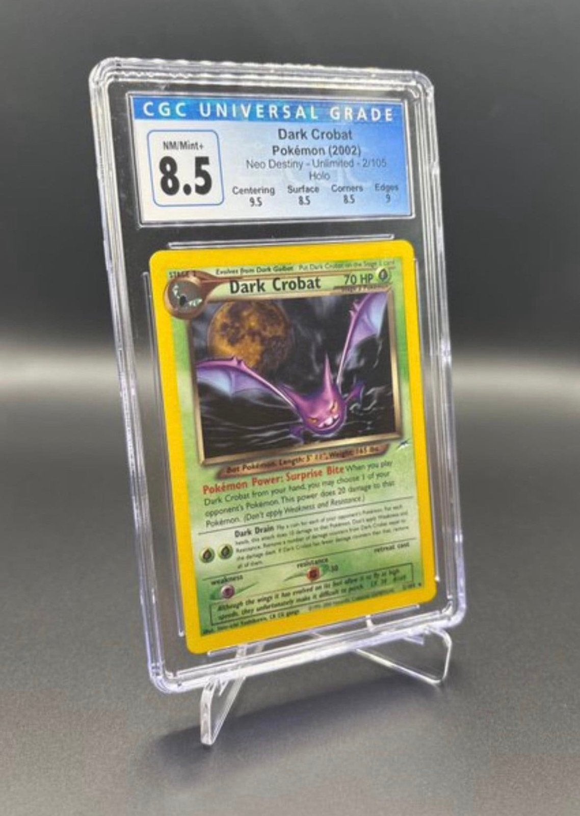 Pokémon Dark Crobat 2/105 Neo Destiny CGC 8.5 Holo WOTC 2002, Ophalen of Verzenden, Zo goed als nieuw, Losse kaart, Foil