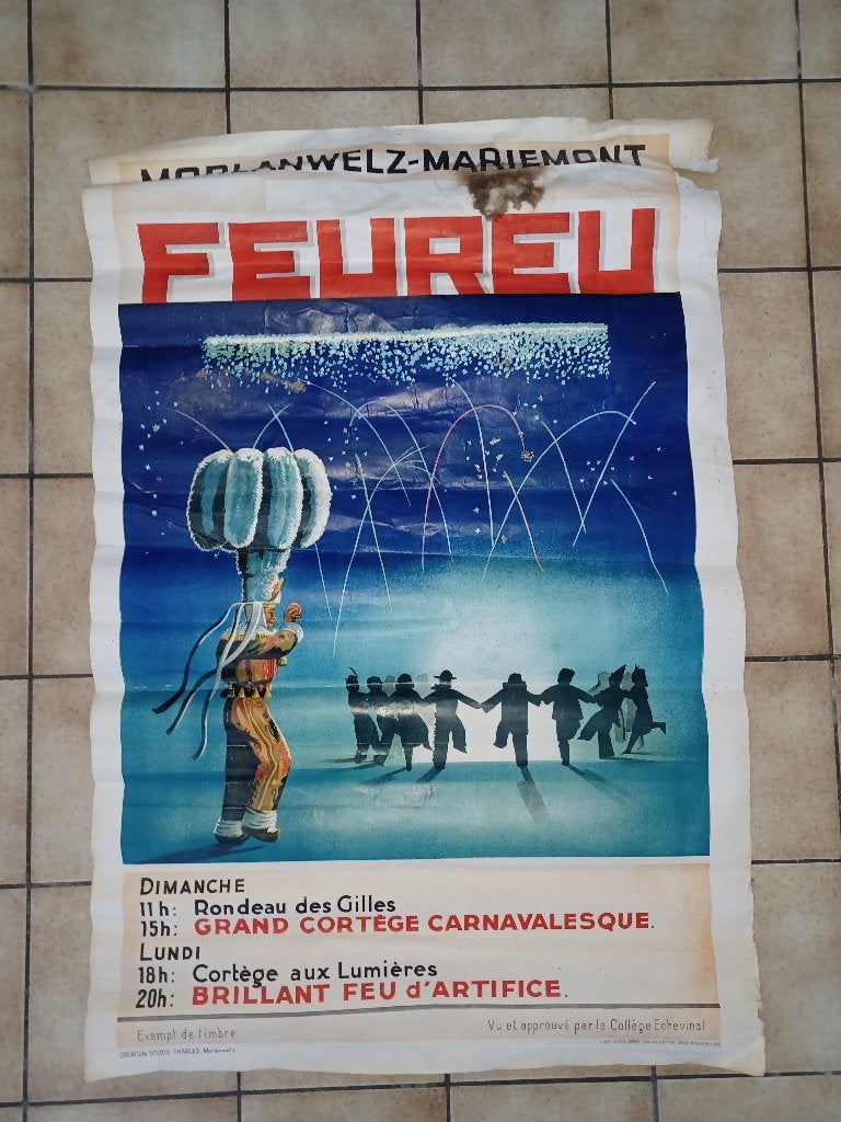 affiche FEUREU morlanwelz mariemont carnaval 1960' litho, Enlèvement ou Envoi, Utilisé, Publicité