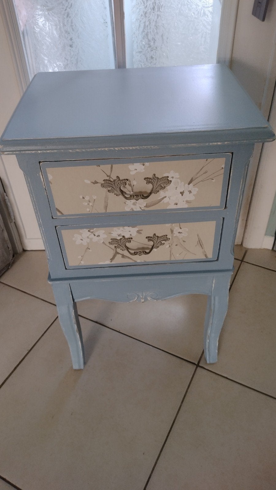 Belle table de chevet campagne/de chevet bleu-gris avec deux, Enlèvement, Neuf, Bois