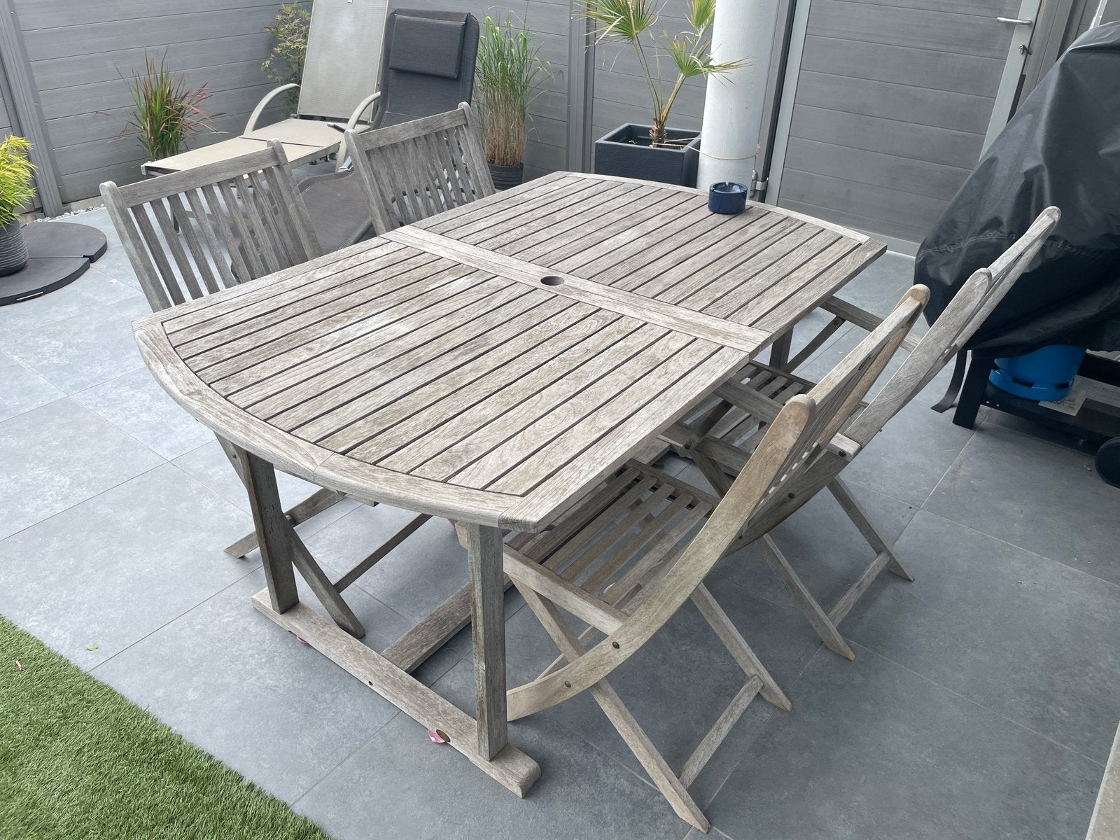 Table teck et 4 chaises, Jardin & Terrasse, Ensembles de jardin, Enlèvement, Comme neuf