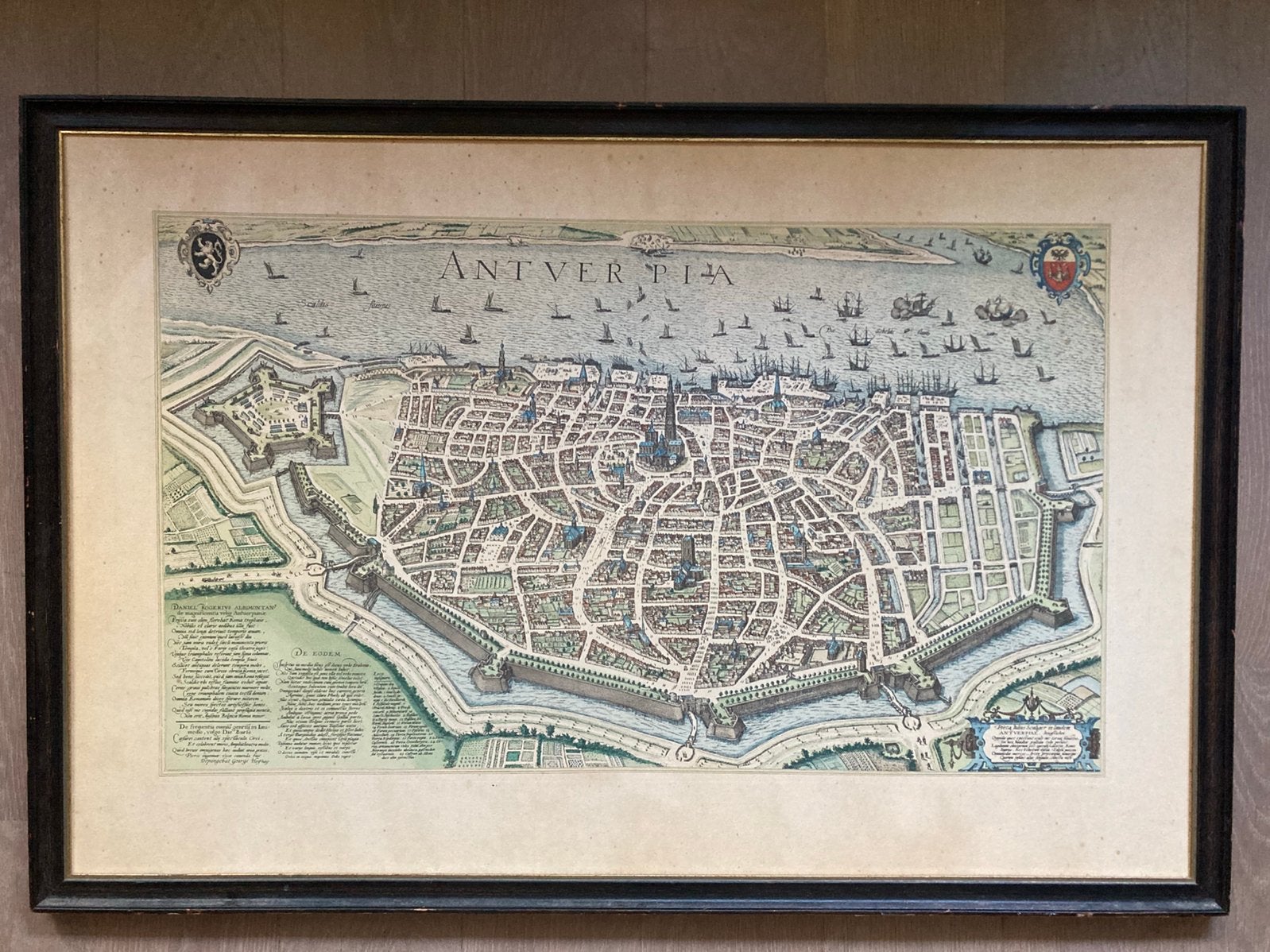 Ingekaderde kleurenprent Antverpia Joris Hoefnagels, Ophalen, 62 cm, 96 cm