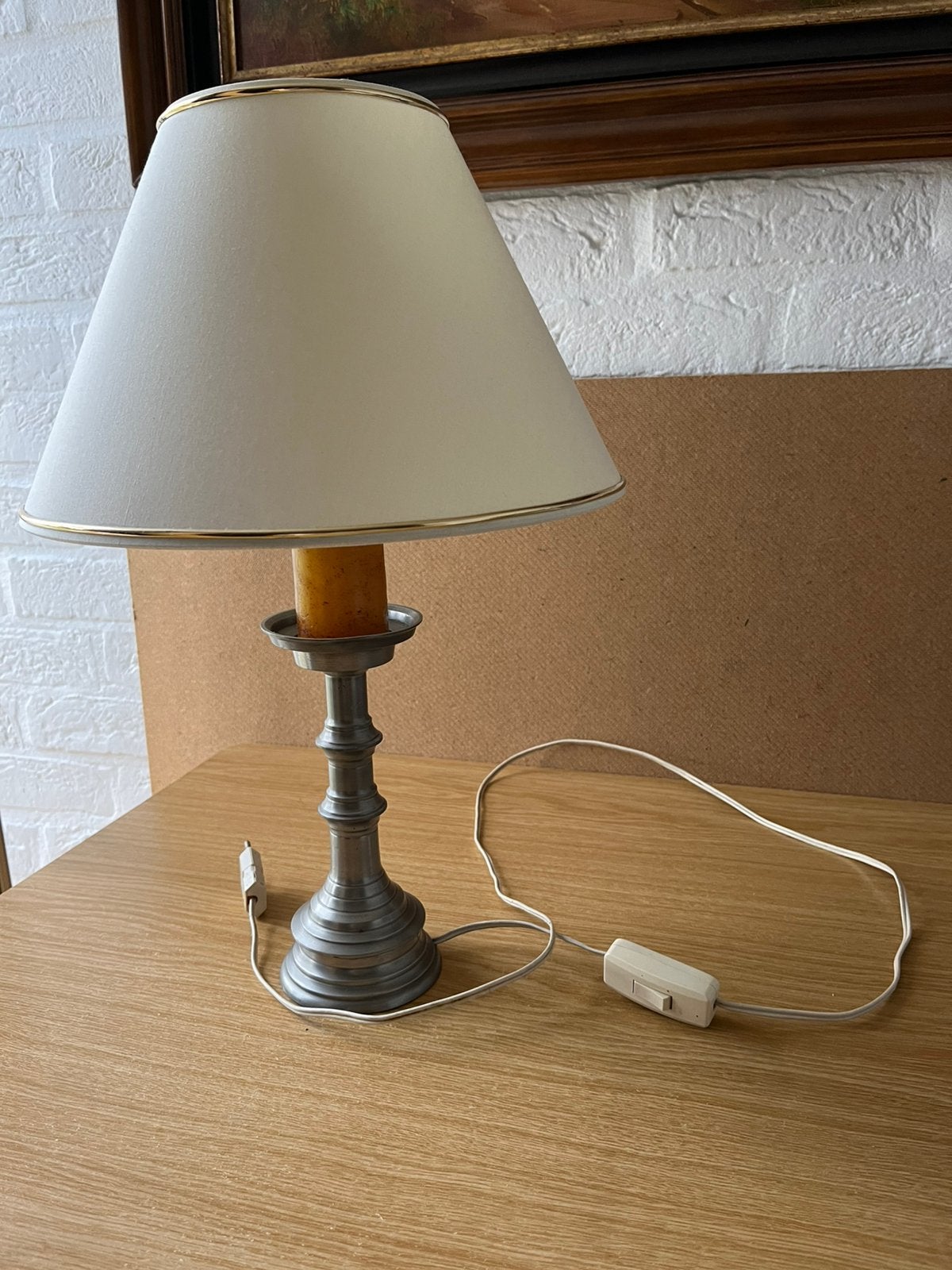 Tafellamp op tinnen voet - h 50 cm -diameter 30 cm, Enlèvement, Comme neuf