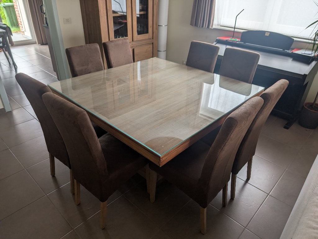 Vierkante houten tafel - 140 x 140 + 8 stoelen, Huis en Inrichting, Tafels | Eettafels, Ophalen, Gebruikt, Vierkant, Vijf personen of meer