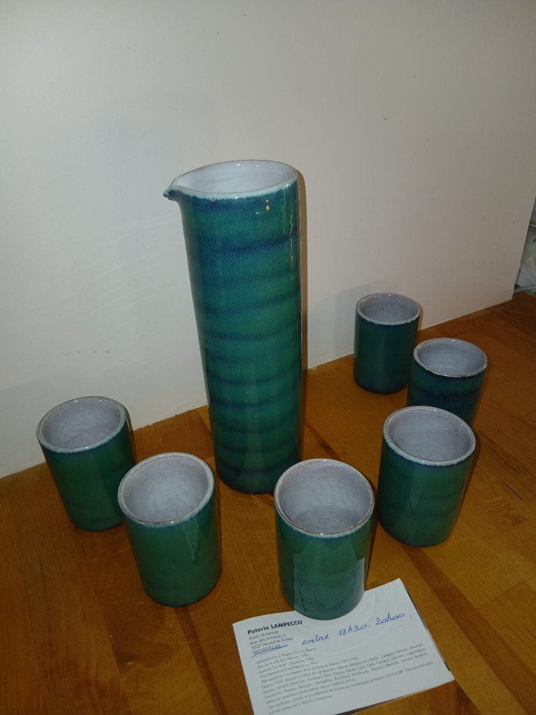 Set céramique cruche/gobelets Lampecco émail vert, Antiquités & Art, Enlèvement ou Envoi