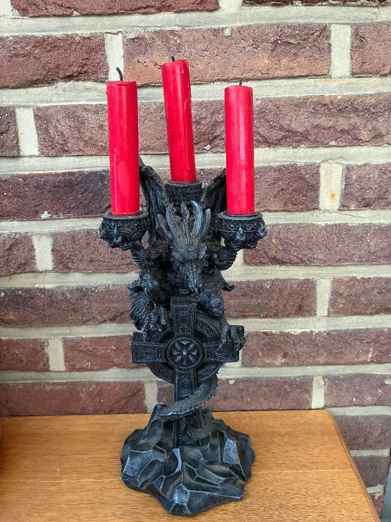 Gothic draken kandelaar – 3 kaarsen – fantasy/Keltisch, Ophalen of Verzenden, Zo goed als nieuw, Zwart, Kandelaar