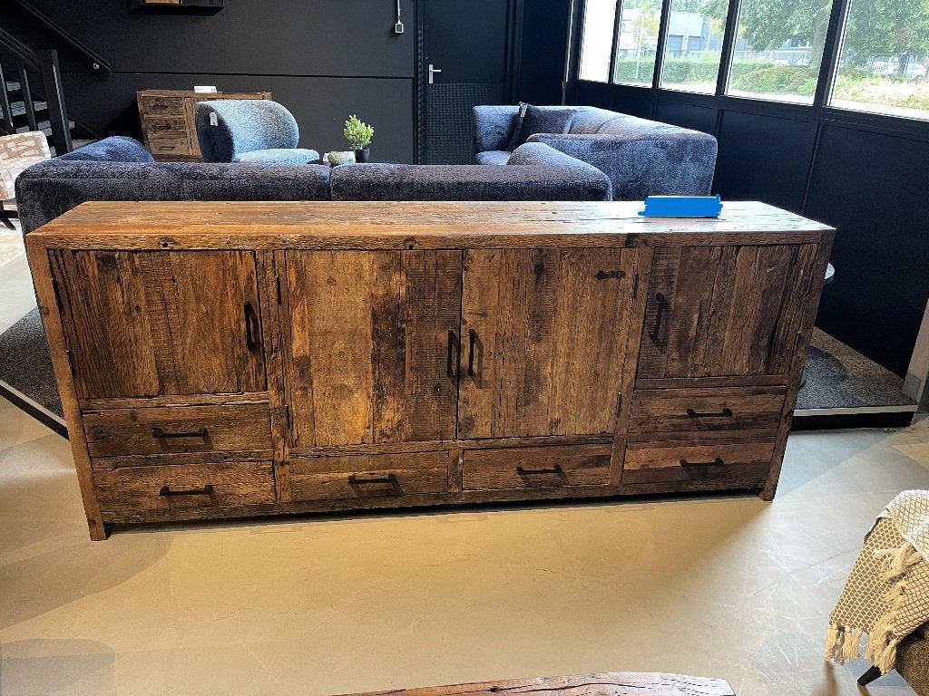 dressoir 200cm massief oud hout 4 deurs 6 laden  EXTRA ACTIE, Huis en Inrichting, Kasten | Dressoirs, 150 tot 200 cm, Ophalen of Verzenden