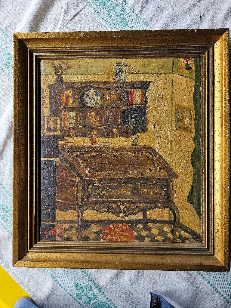 Henri Merlin « Intérieur bourgeois », Antiquités & Art, Art | Peinture | Classique, Enlèvement ou Envoi, Nature morte, Signé, Peinture à l'huile