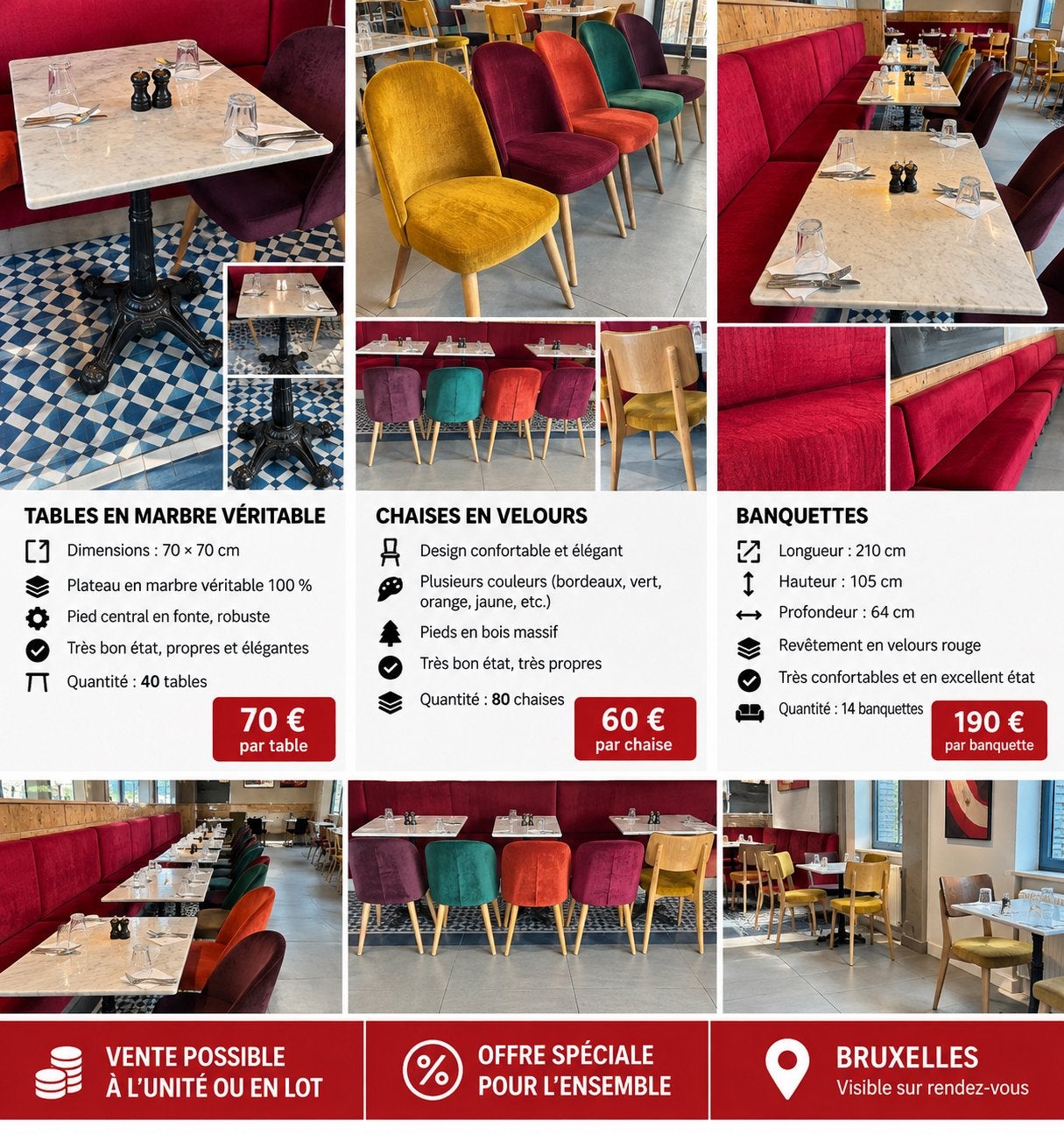 MOBILIER COMPLET DE RESTAURANT À VENDRE – TRÈS BON ÉTAT, Enlèvement, Utilisé, Mobilier
