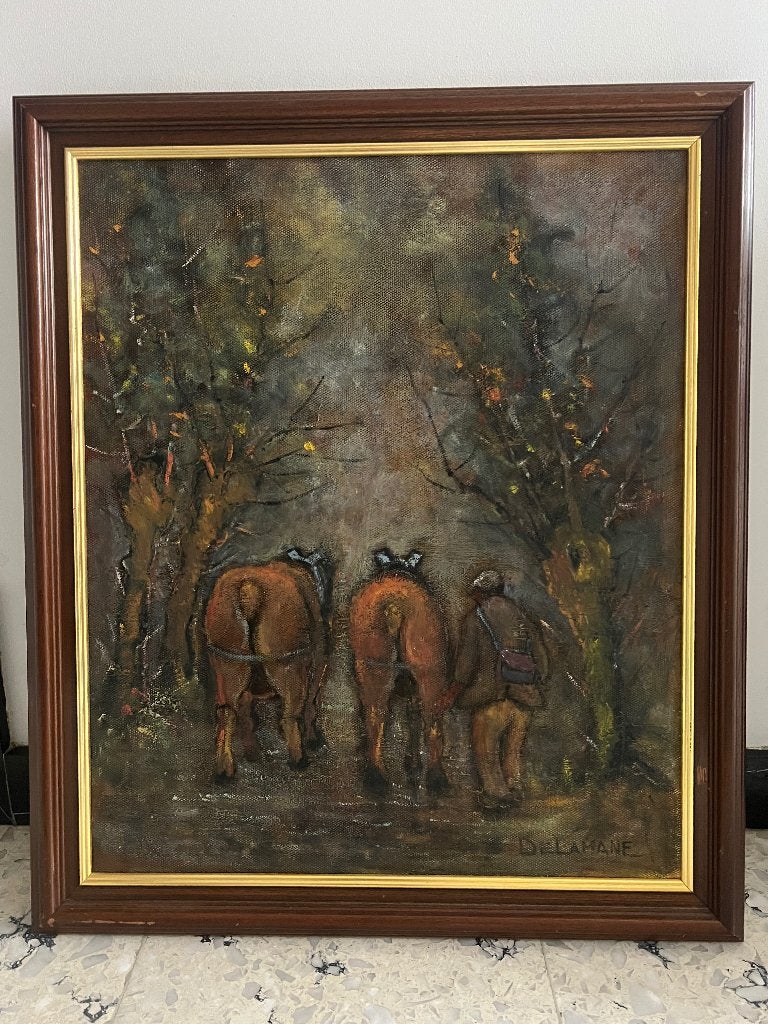 Schilderij “Boer met paarden” – De Lamane, Antiek en Kunst, Ophalen, Handgeschilderd, Doek, Landschap